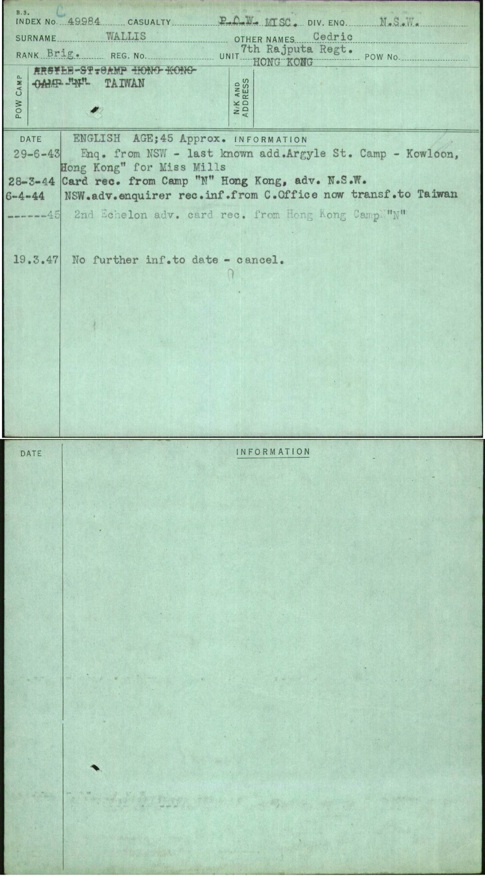 Wallis, Cedric, [No Service Number]