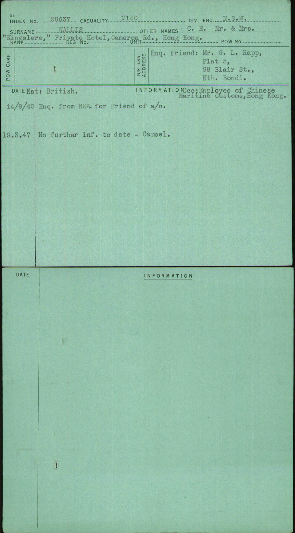 Wallis, C E Mr &amp; Mrs, [No Service Number]