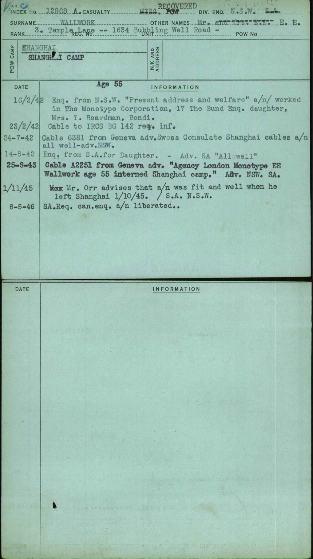 Wallwork, Mr E E, [No Service Number]