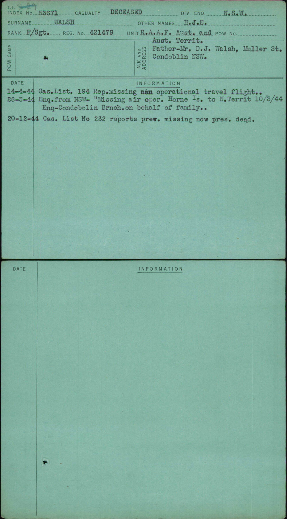 Walsh, H J E, 421479