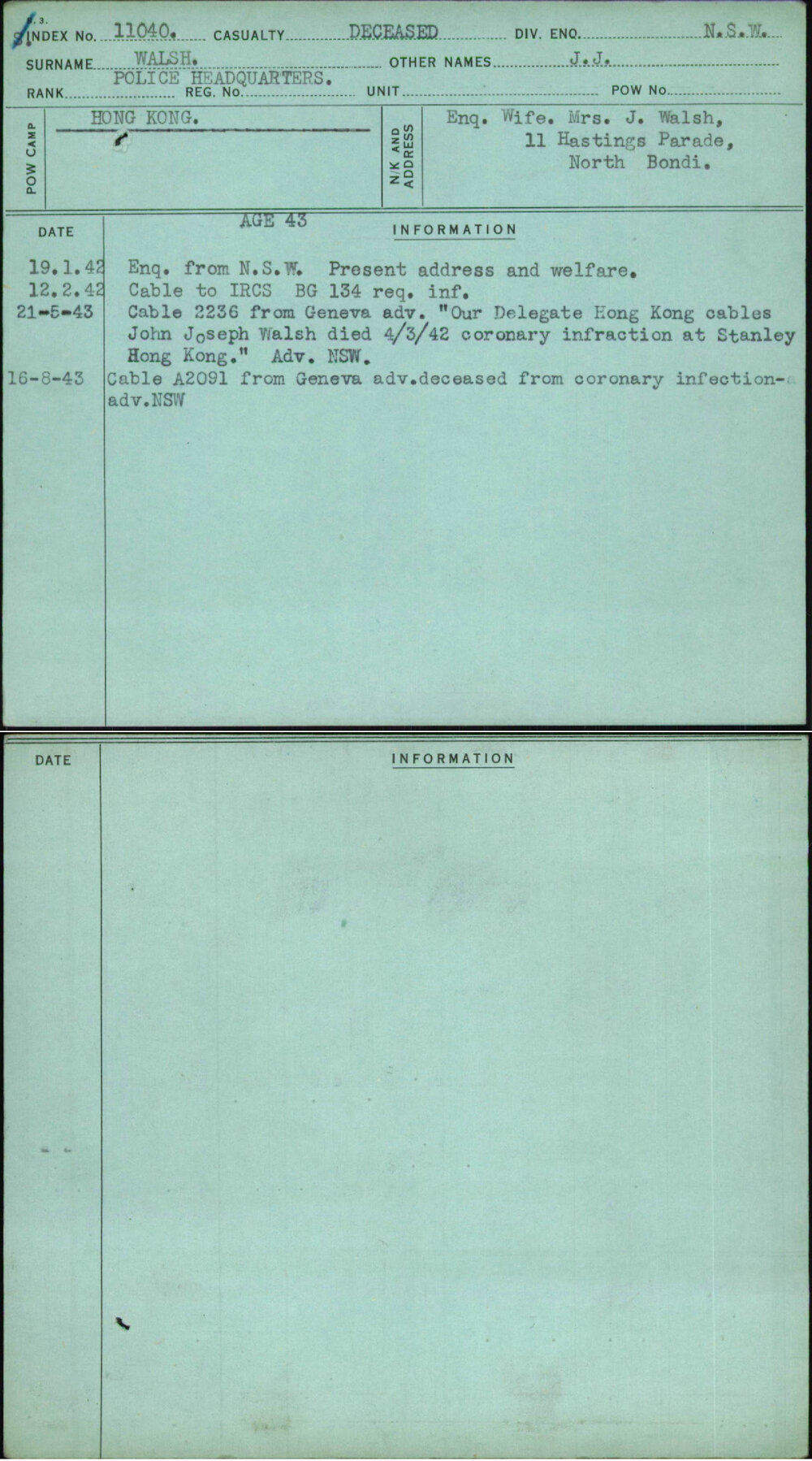 Walsh, J J, [No Service Number]