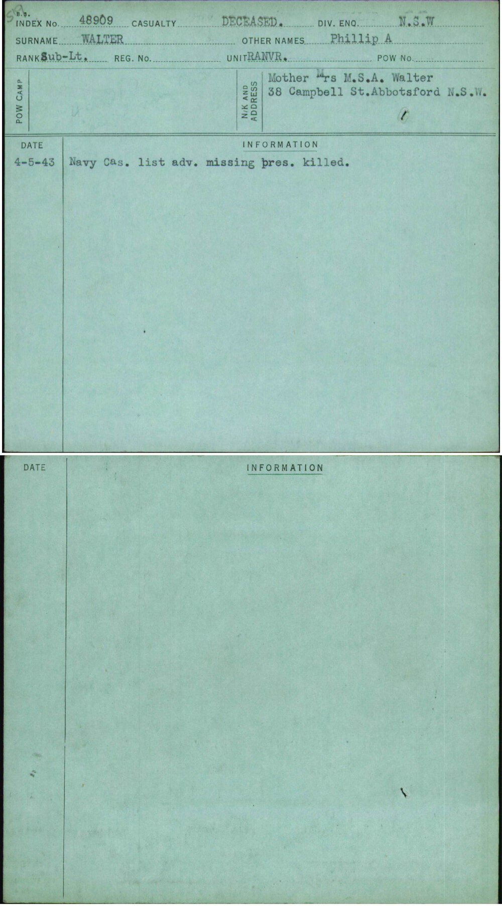 Walter, Phillip A, [No Service Number]