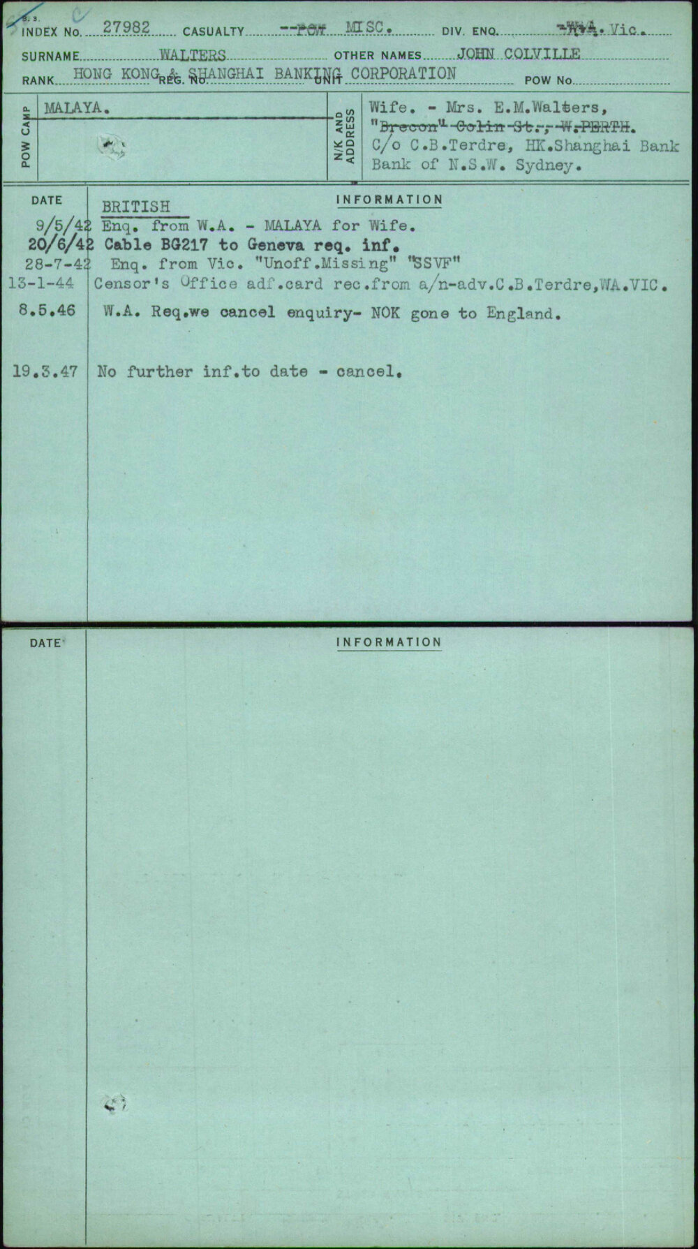 Walters, John Colville, [No Service Number]