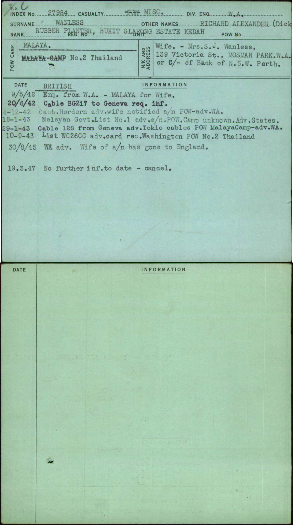 Wanless, Richard Alexander (Dick, [No Service Number]