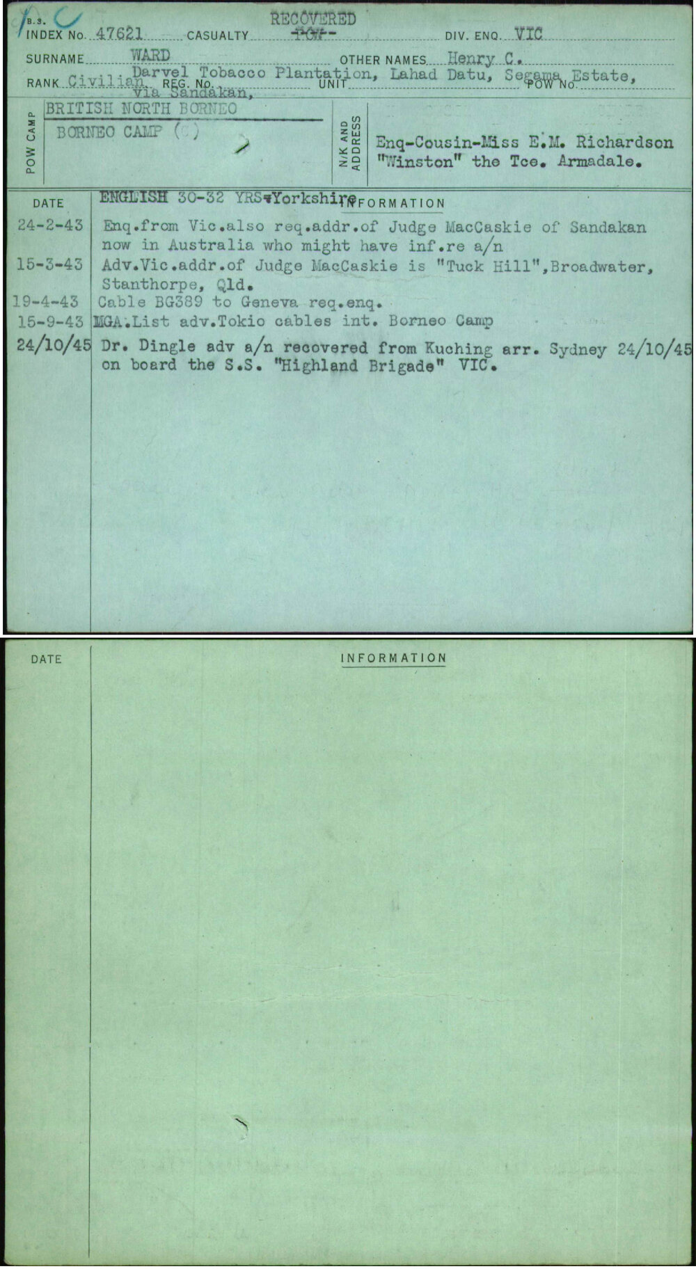 Ward, Henry C, [No Service Number]