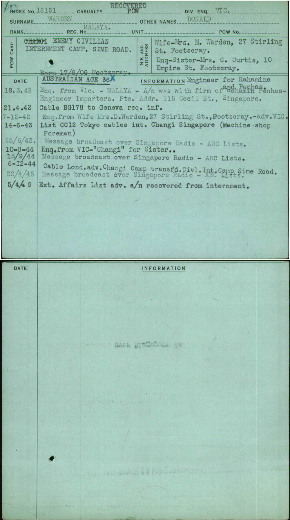Warden, Donald, Malaya