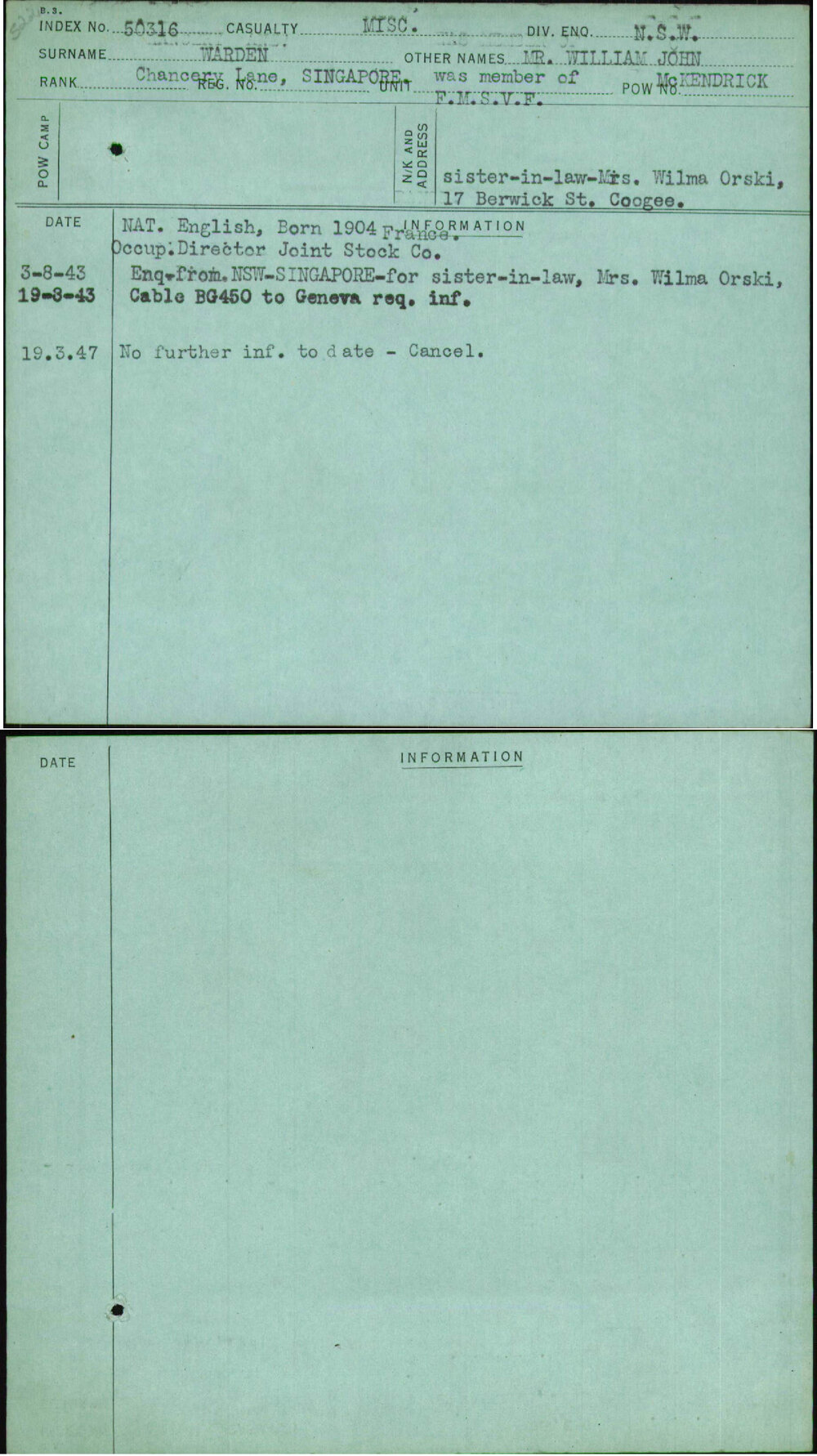 Warden, Mr William John, [No Service Number]