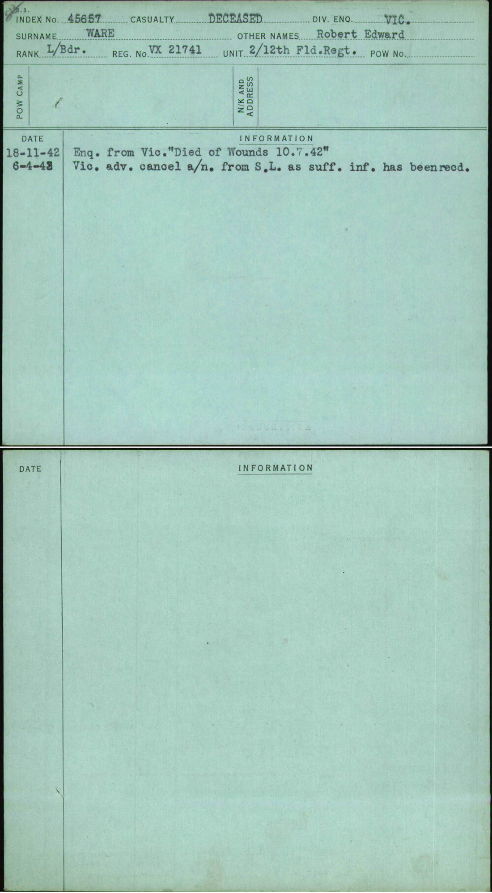 Ware, Robert Edward, VX21741