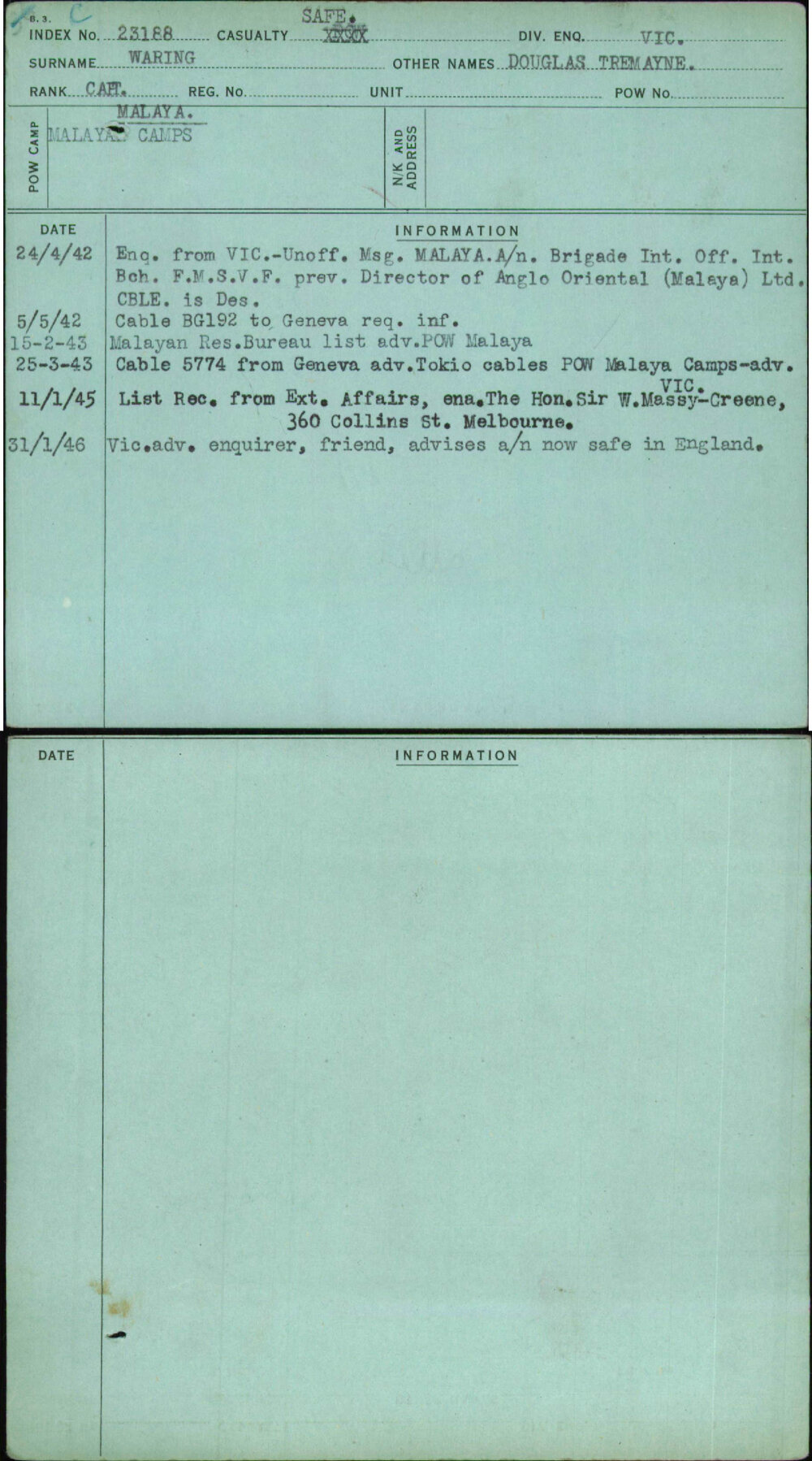 Waring, Douglas Tremayne, [No Service Number]