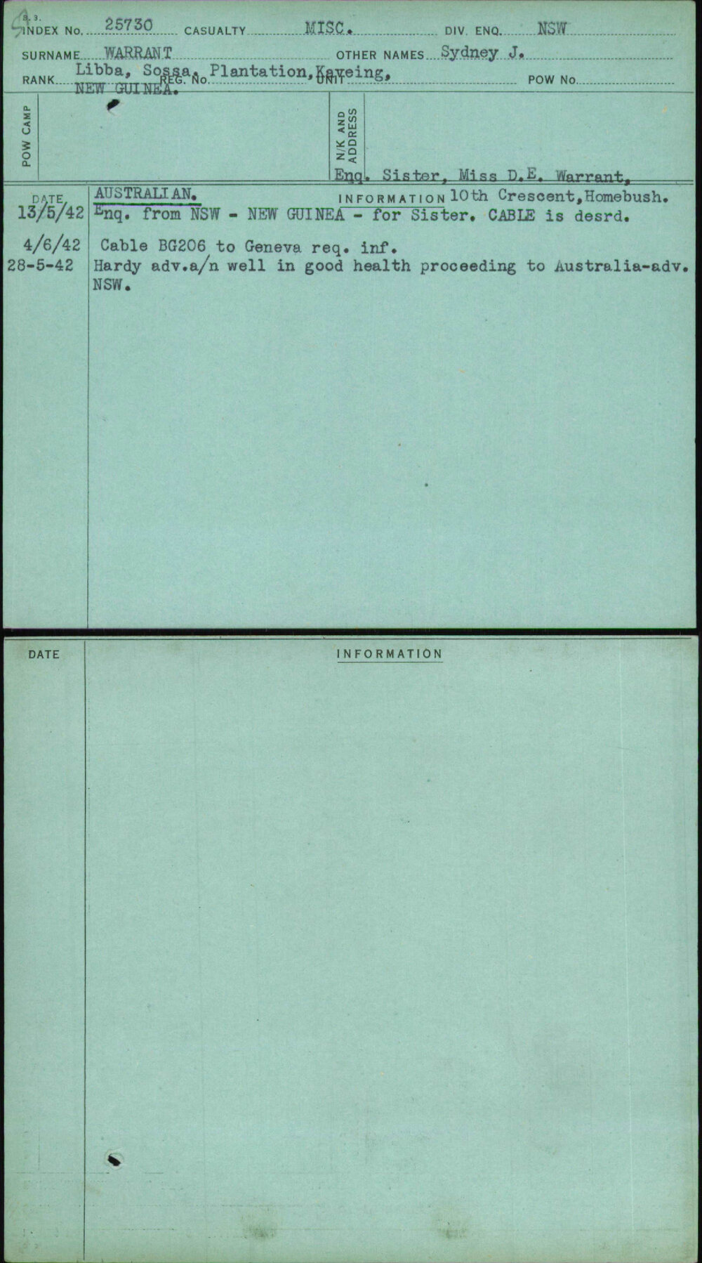 Warrant, Sydney J, [No Service Number]