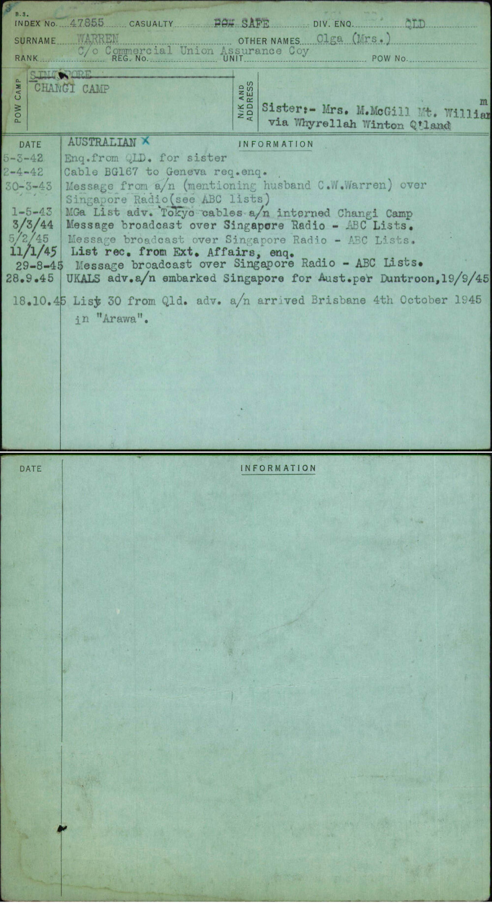 Warren, Olga (Mrs), [No Service Number]