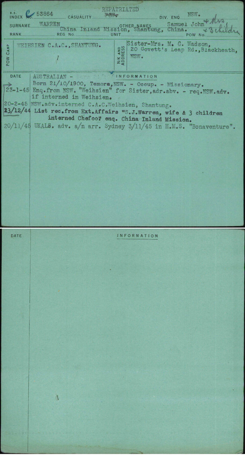 Warren, Samuel John, [No Service Number]