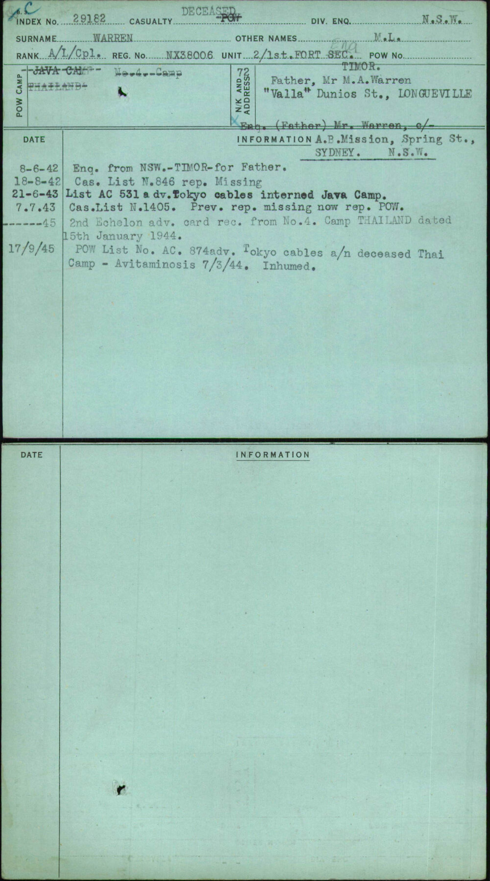 Warren, M L, NX38006