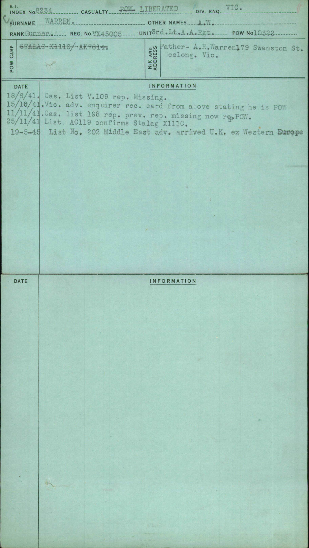 Warren, A W, VX45005