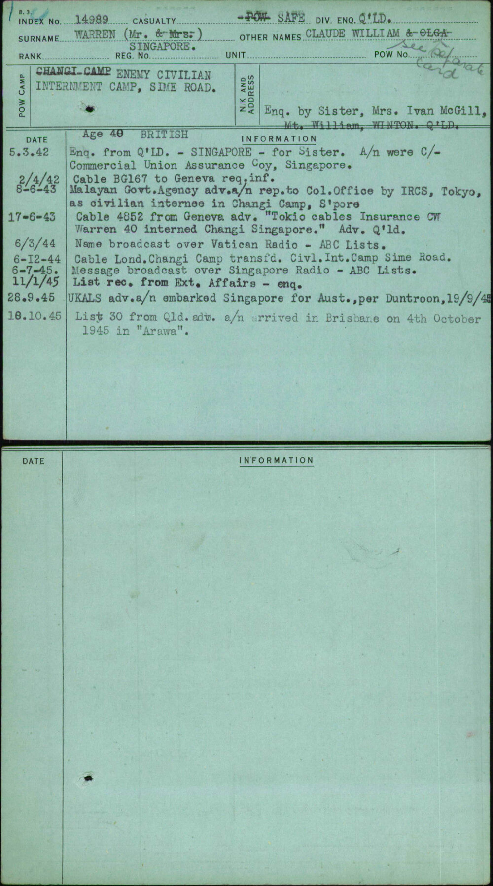 Warren (Mr), Claude William, Singapore