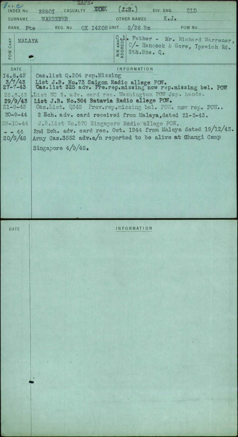 Warrener, K J, QX14208