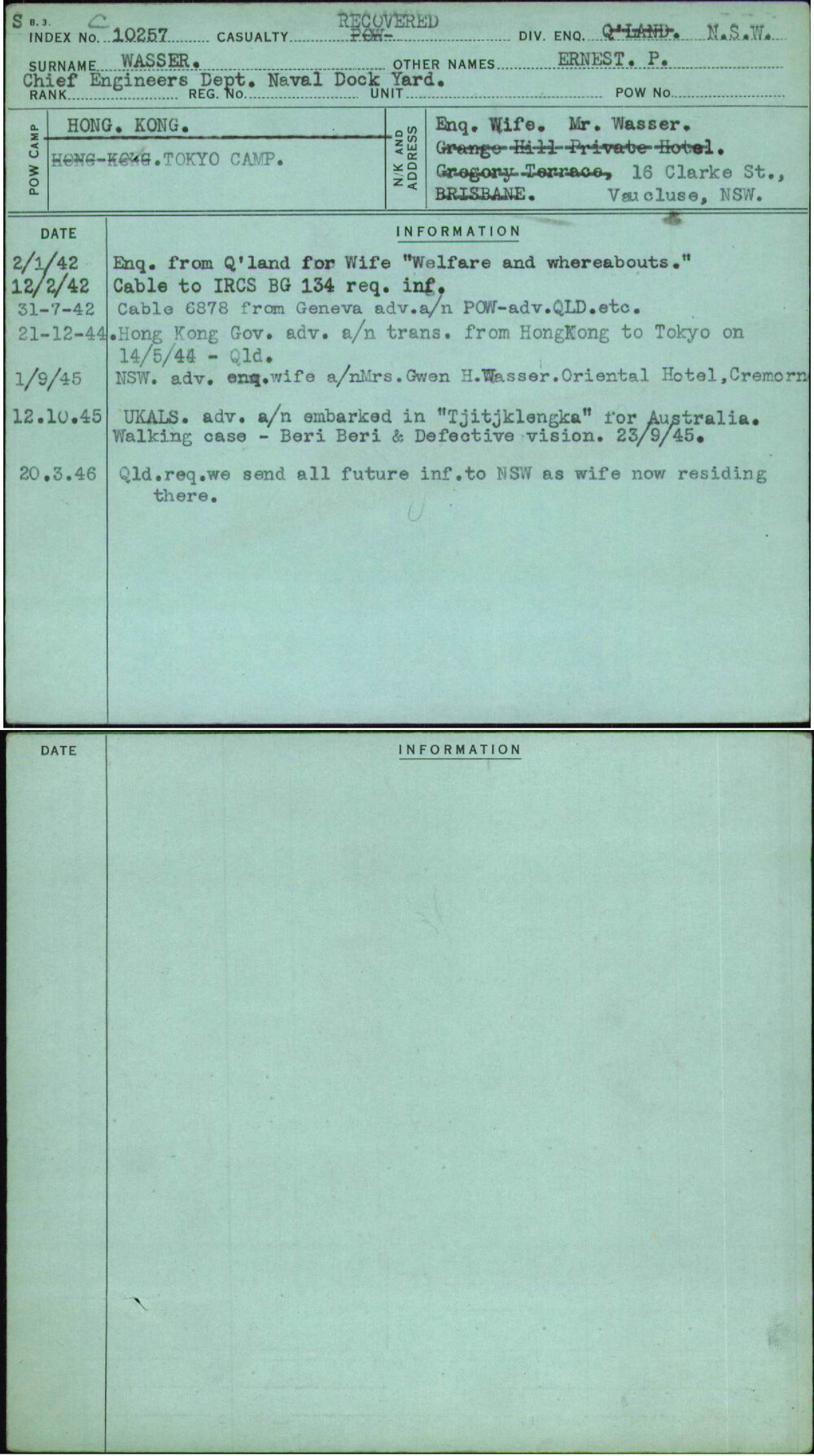 Wasser, Ernest P, [No Service Number]