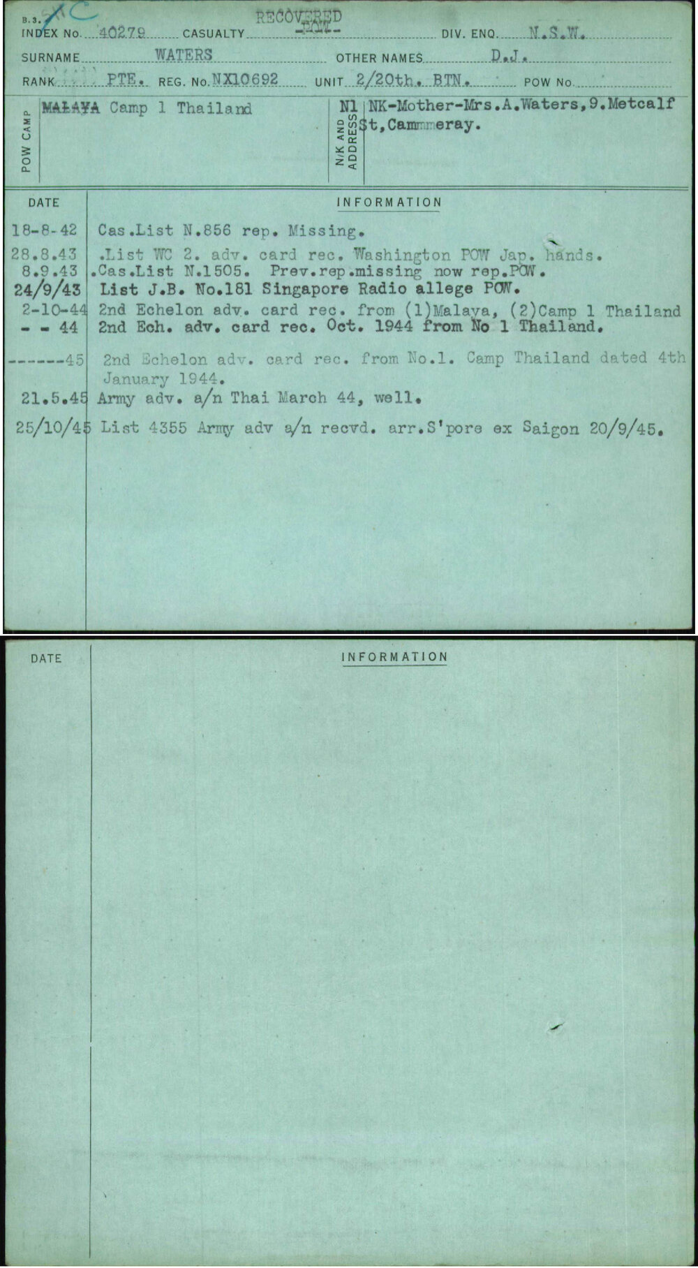 Waters, D J, NX10692