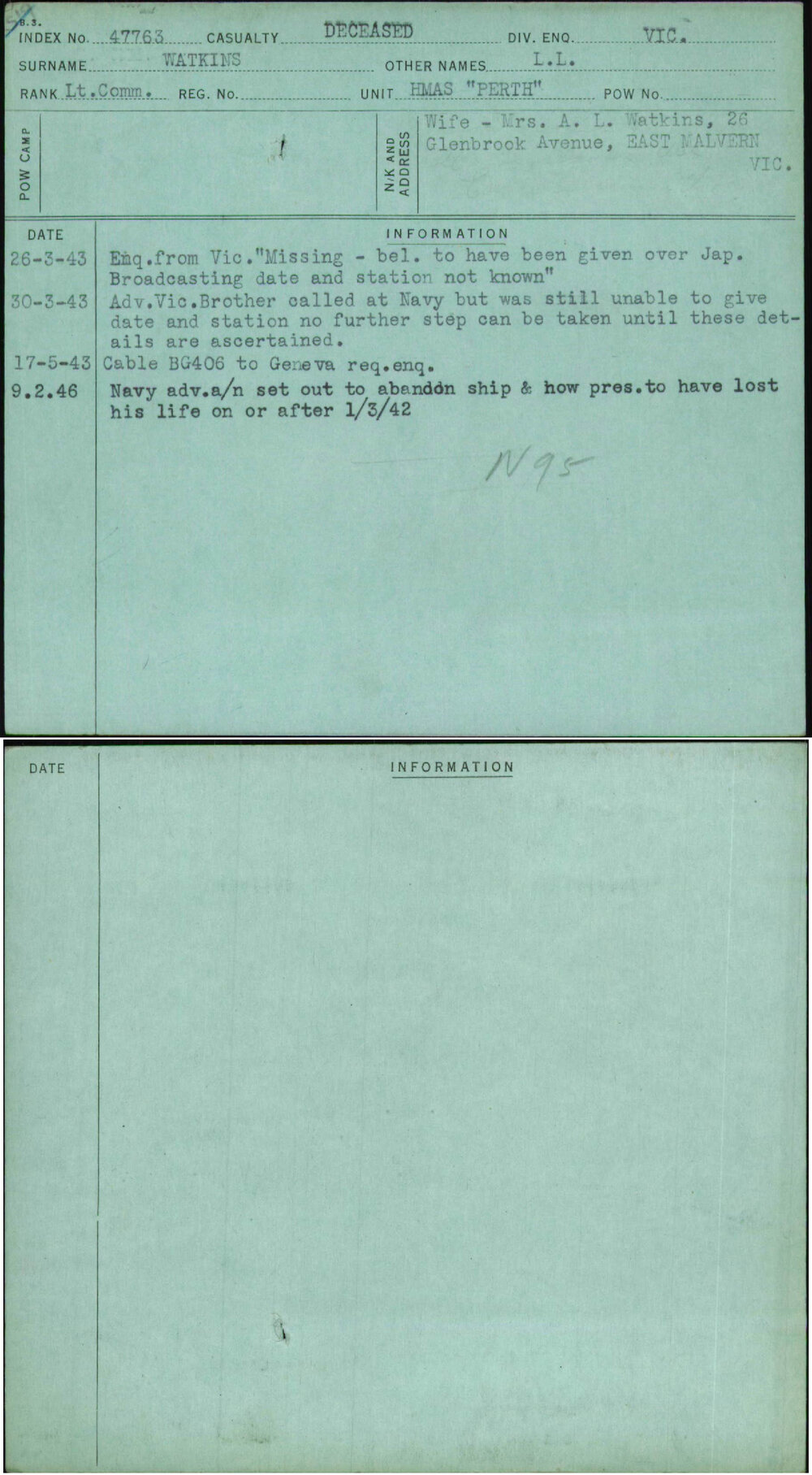 Watkins, L L, [No Service Number]