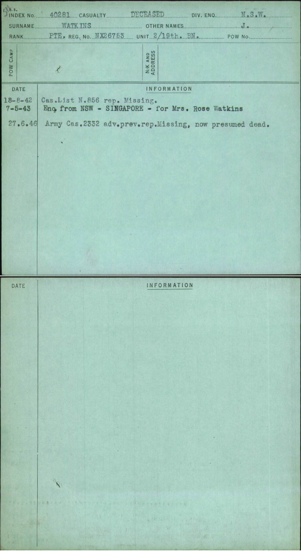 Watkins, J, NX26753