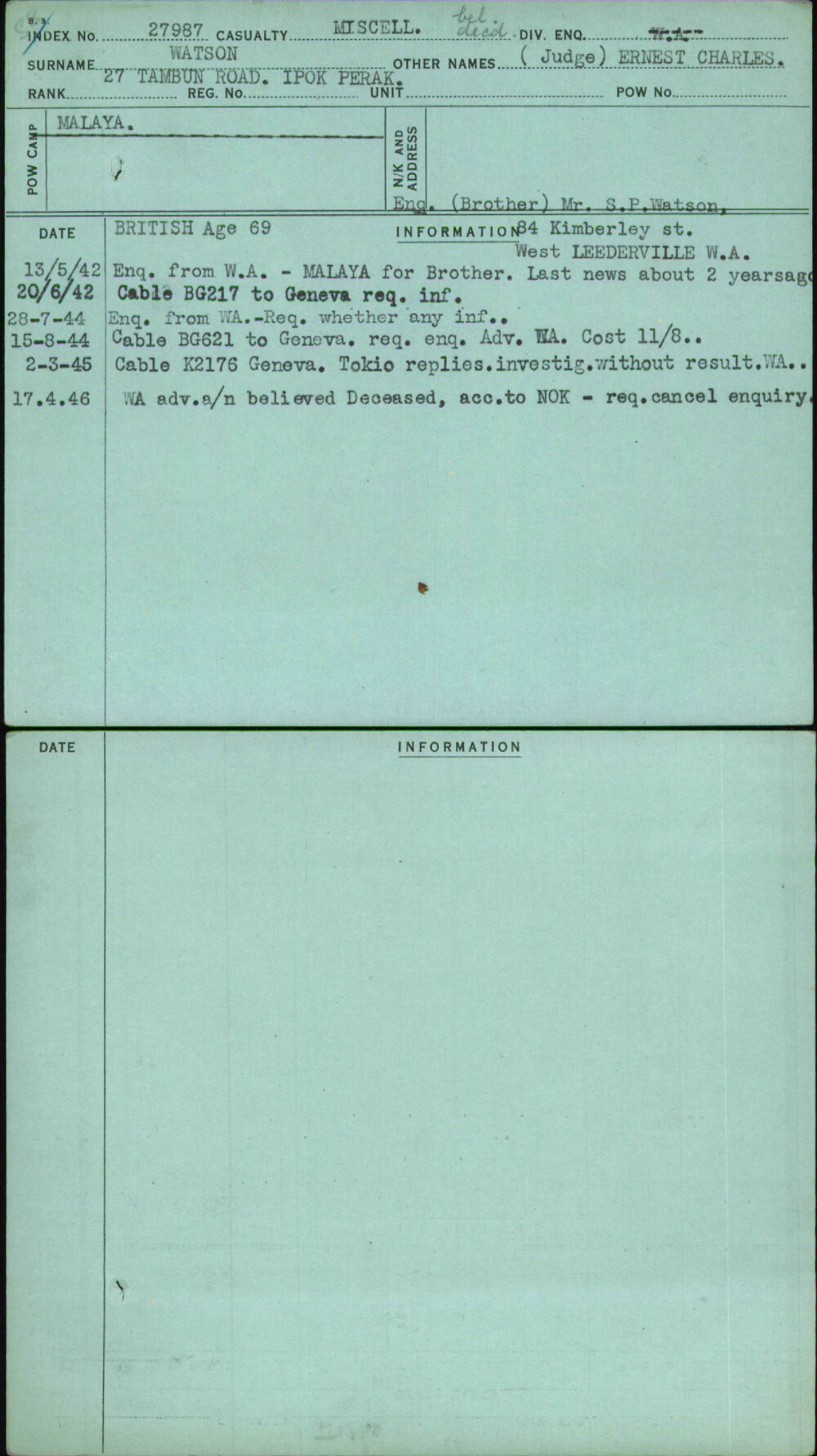 Watson, (Judge) Ernest Charles, [No Service Number]