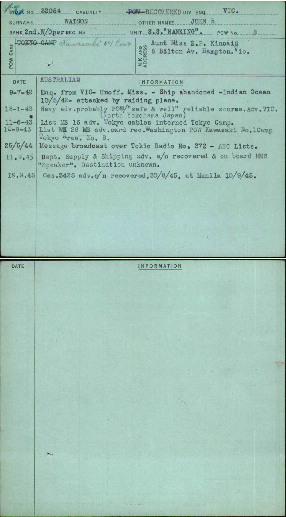 Watson, John B, [No Service Number]