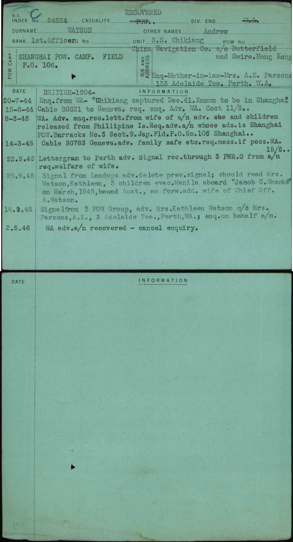 Watson, Andrew, [No Service Number]