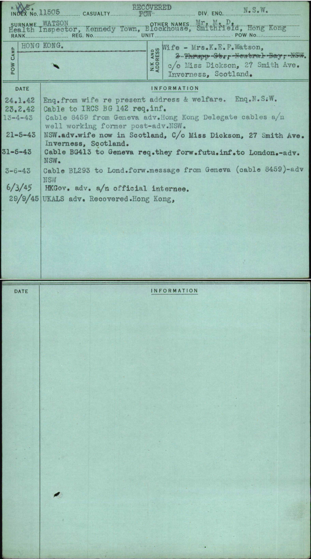 Watson, Mr M D, [No Service Number]
