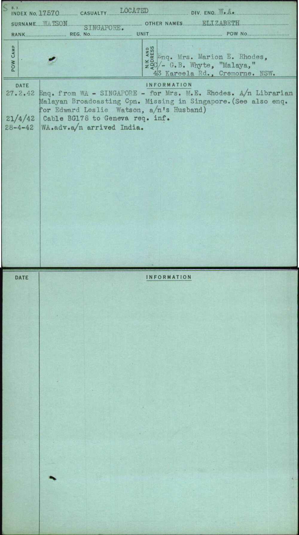 Watson, Elizabeth, Singapore