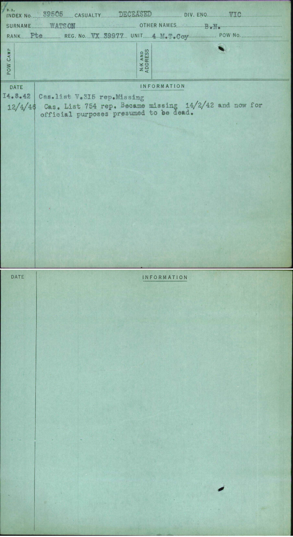 Watson, B N, VX39977
