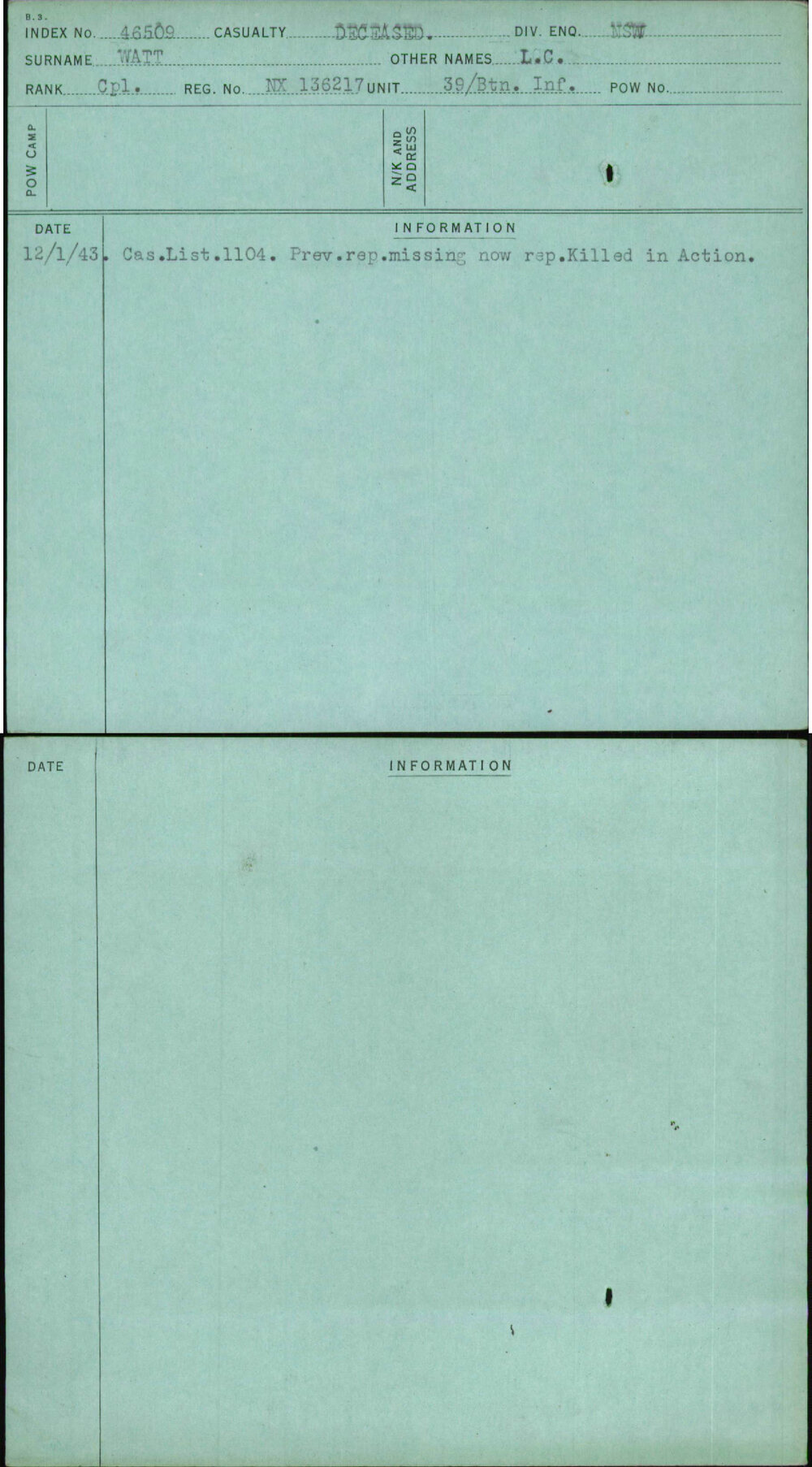 Watt, L C, NX136217