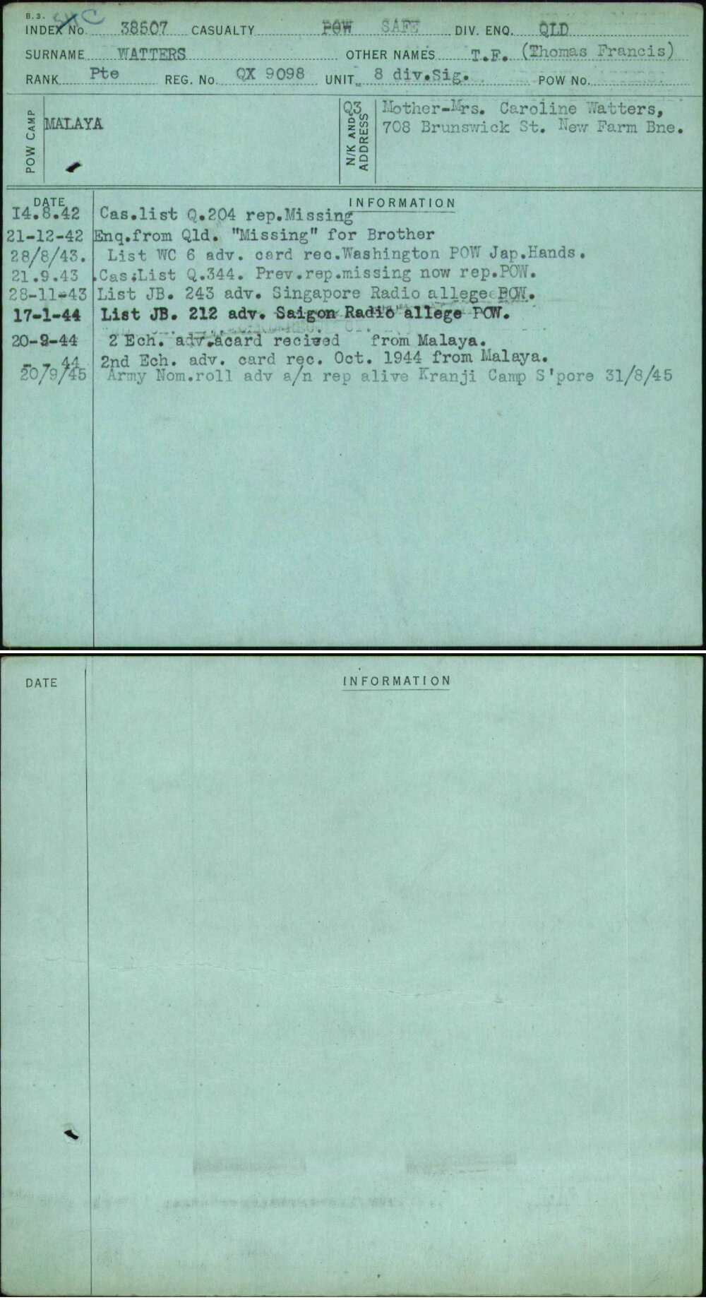 Watters, T F (Thomas Francis), QX9098