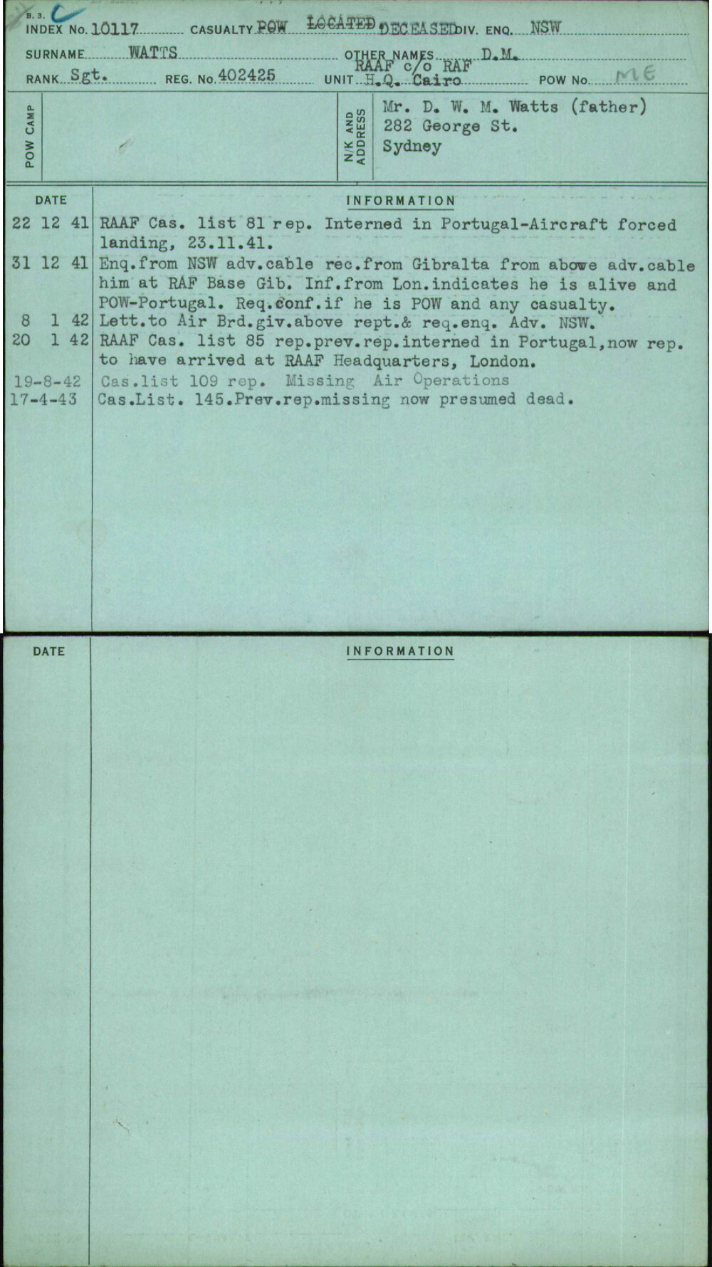 Watts, D M, 402425