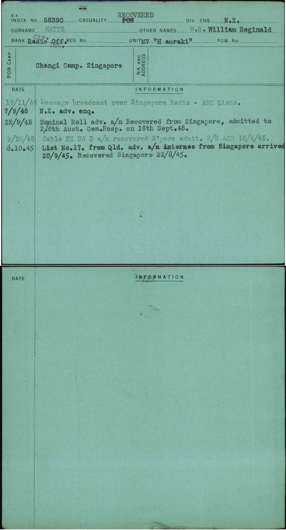 Watts, W R William Reginald, [No Service Number]