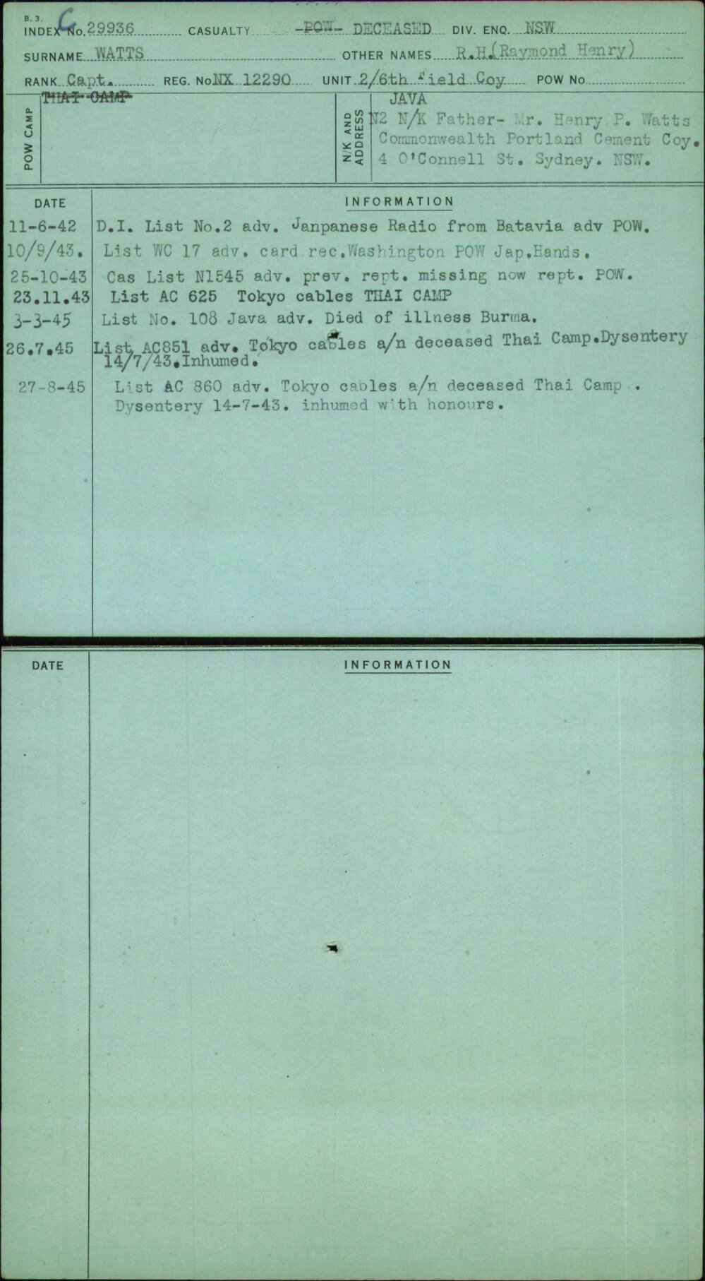 Watts, R H (Raymond Henry), NX12290