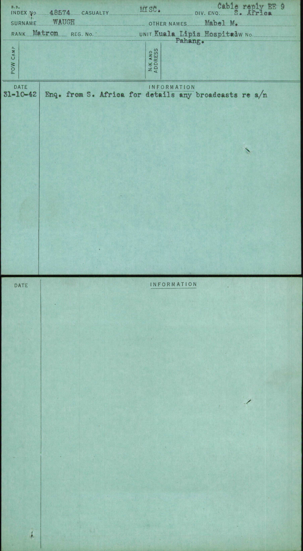 Waugh, Mabel M, [No Service Number]