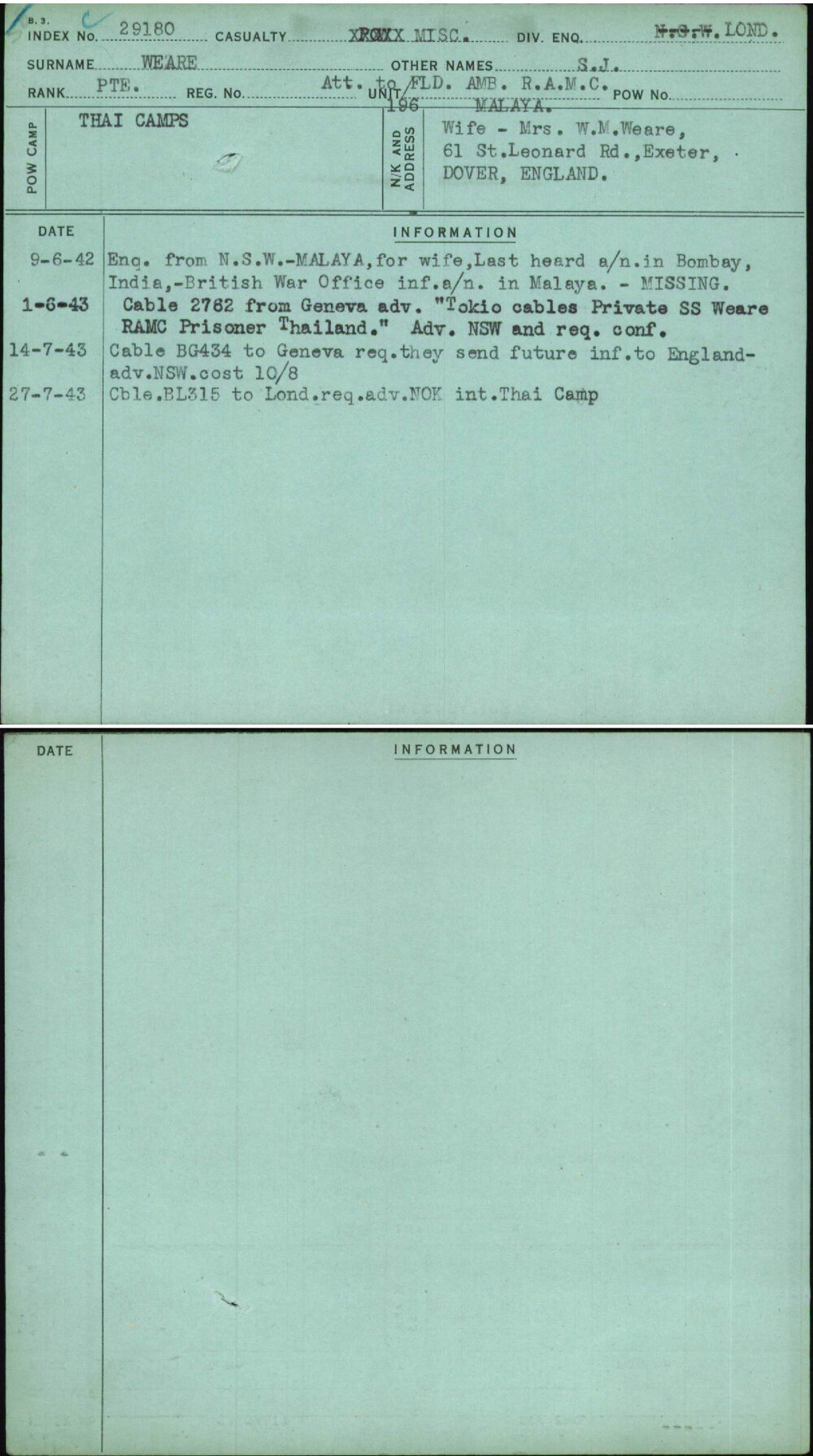 Weare, S J, [No Service Number]