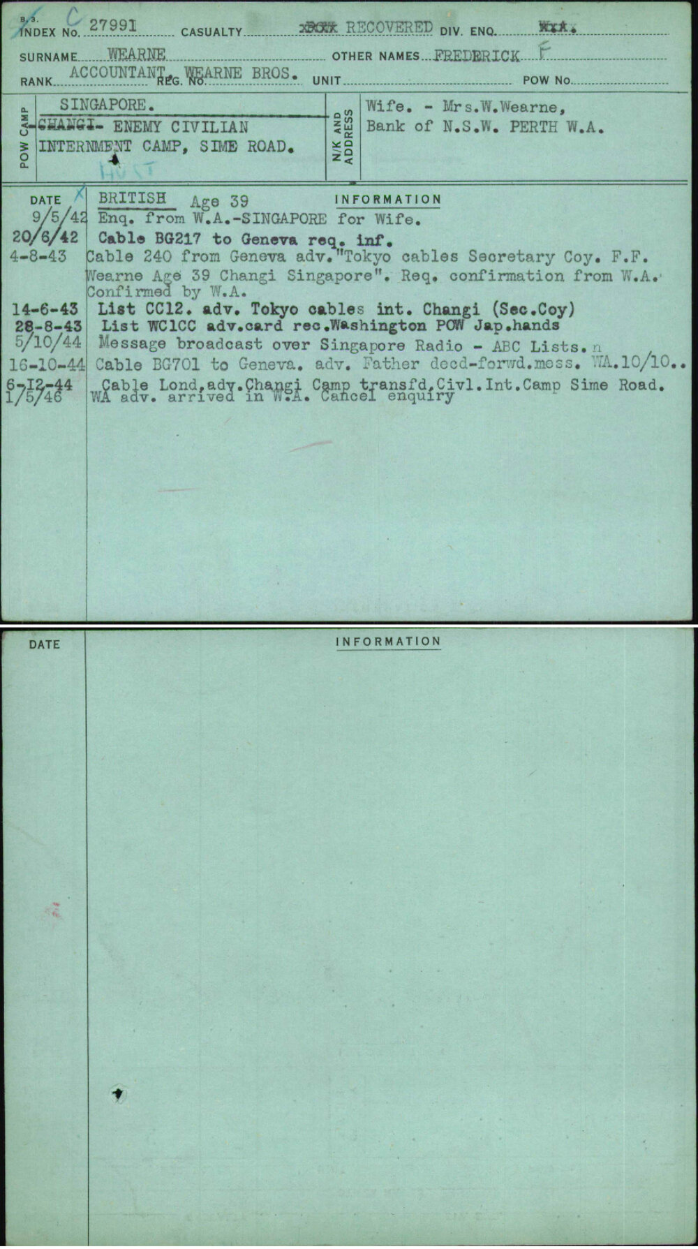 Wearne, Frederick F, [No Service Number]