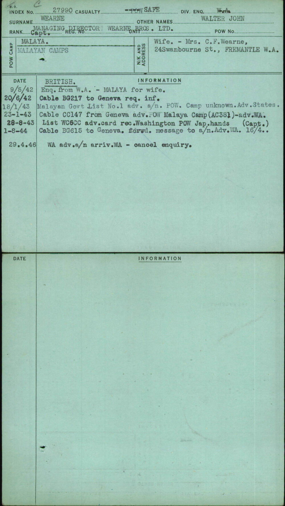 Wearne, Walter John, [No Service Number]