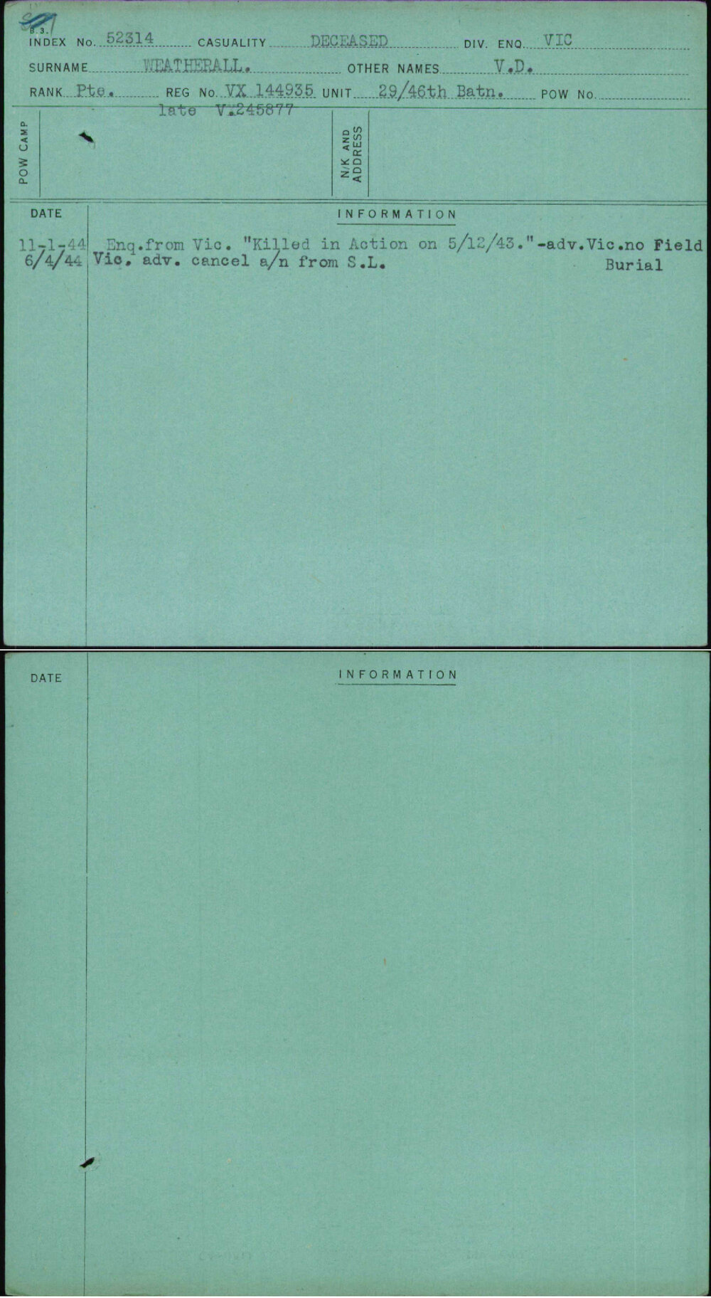 Weatherall, V D, VX144935