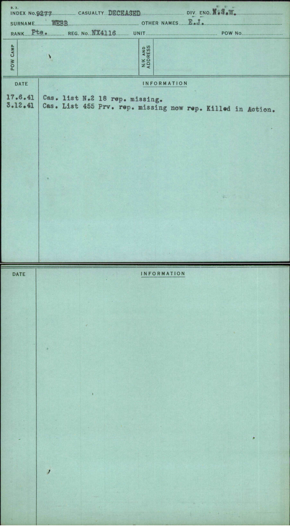 Webb, E J, NX4116