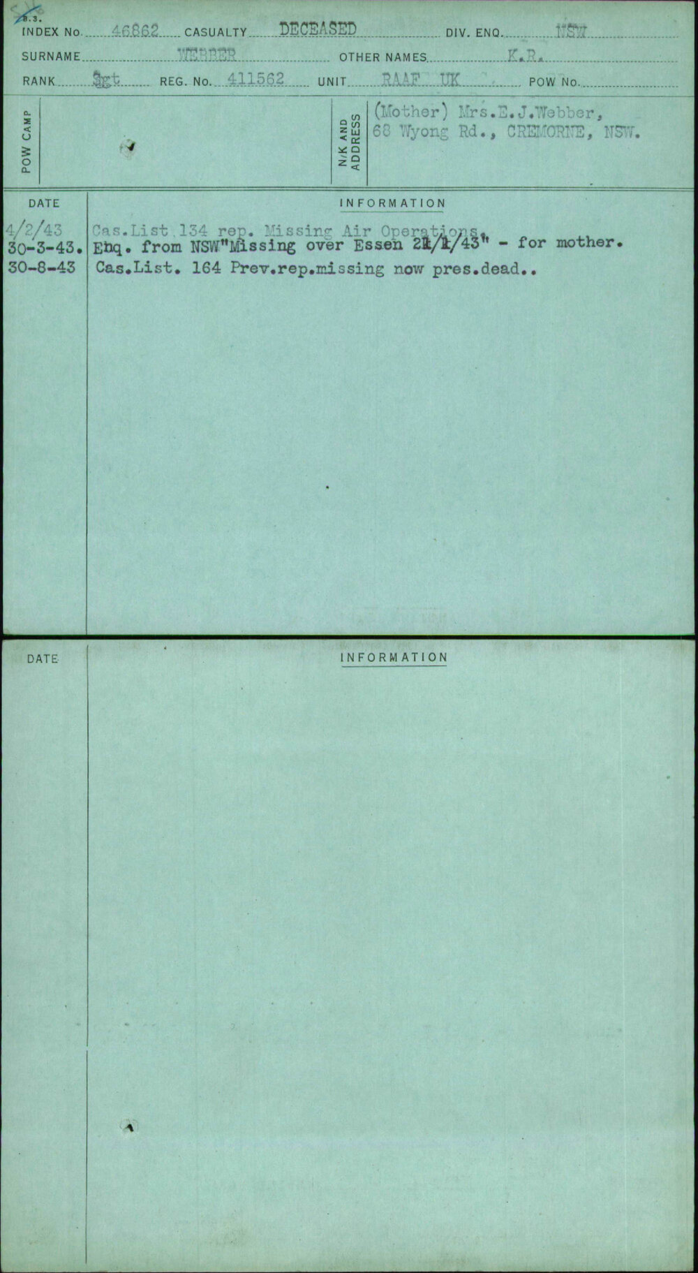 Webber, K R, 411562