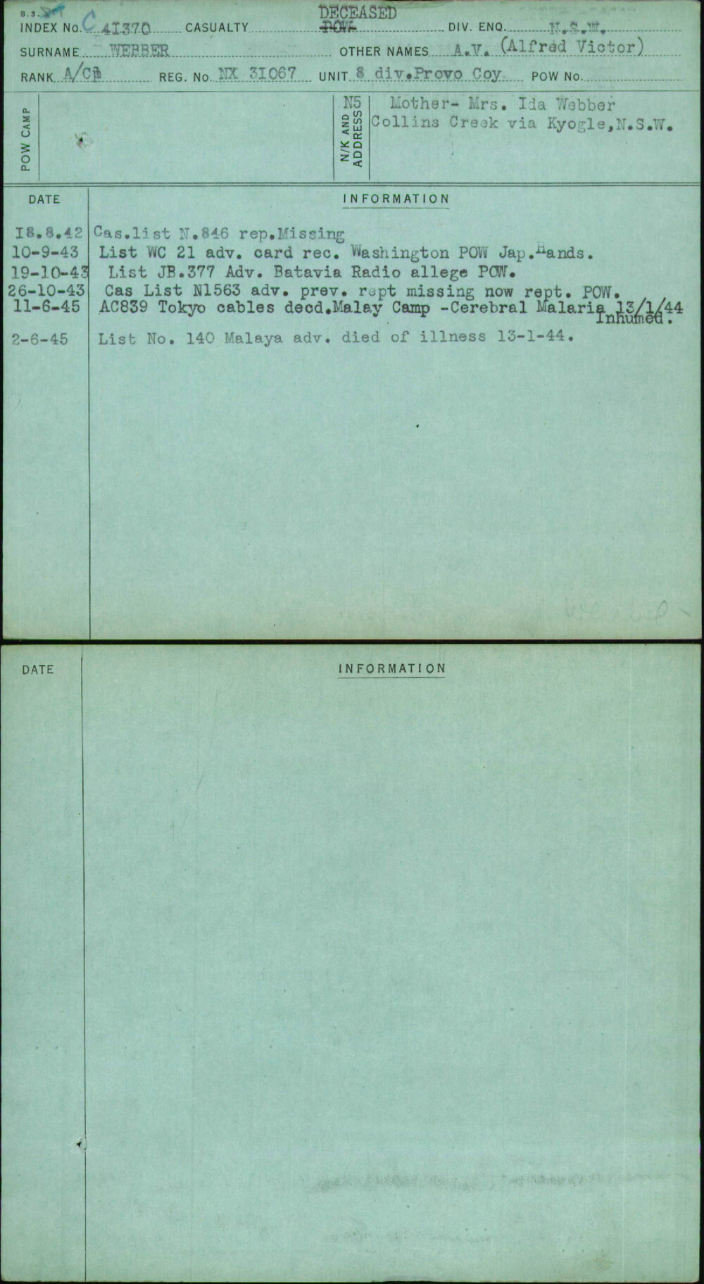 Webber, A V (Alfred Victor), NX31067