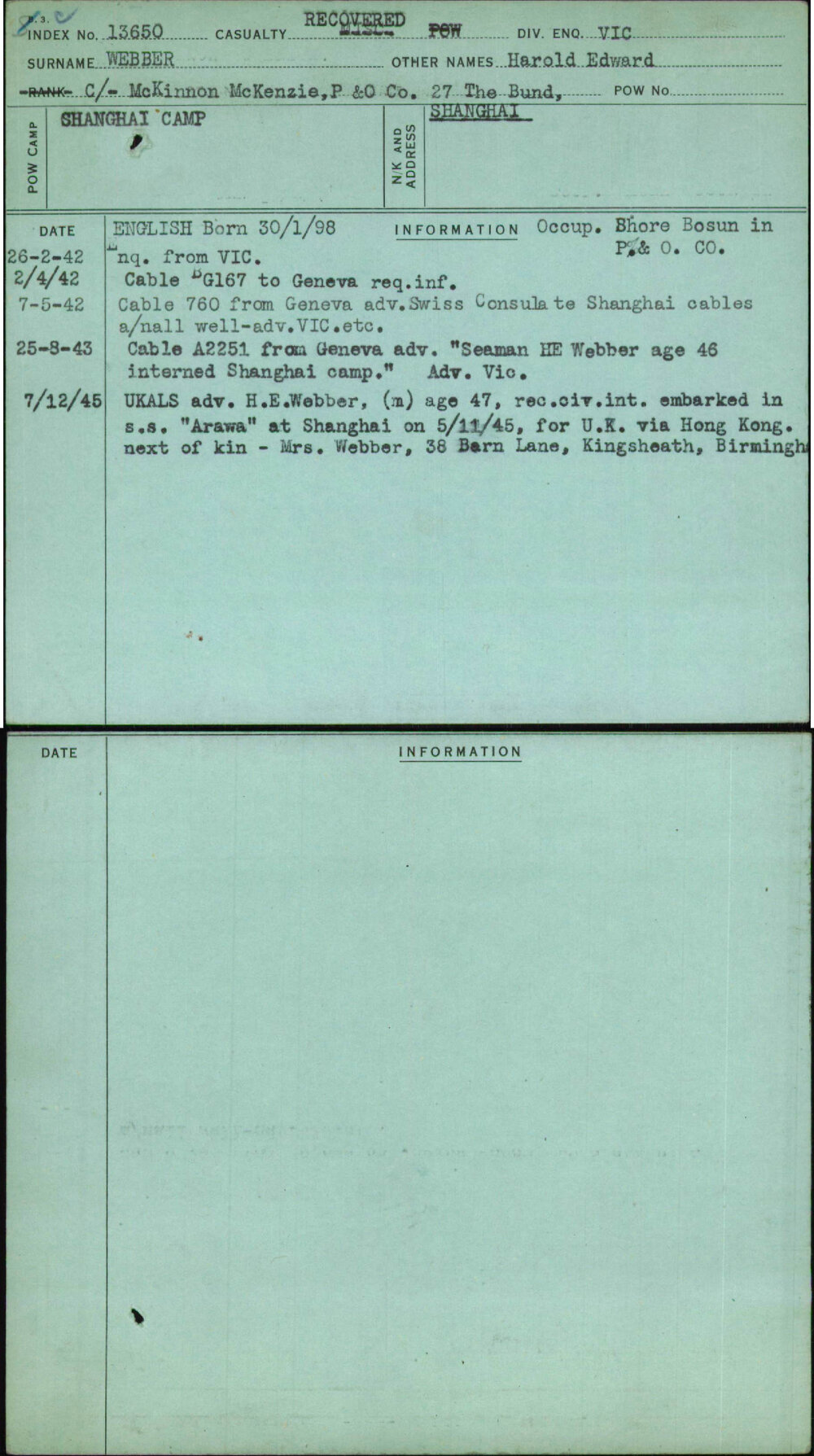 Webber, Harold Edward, [No Service Number]