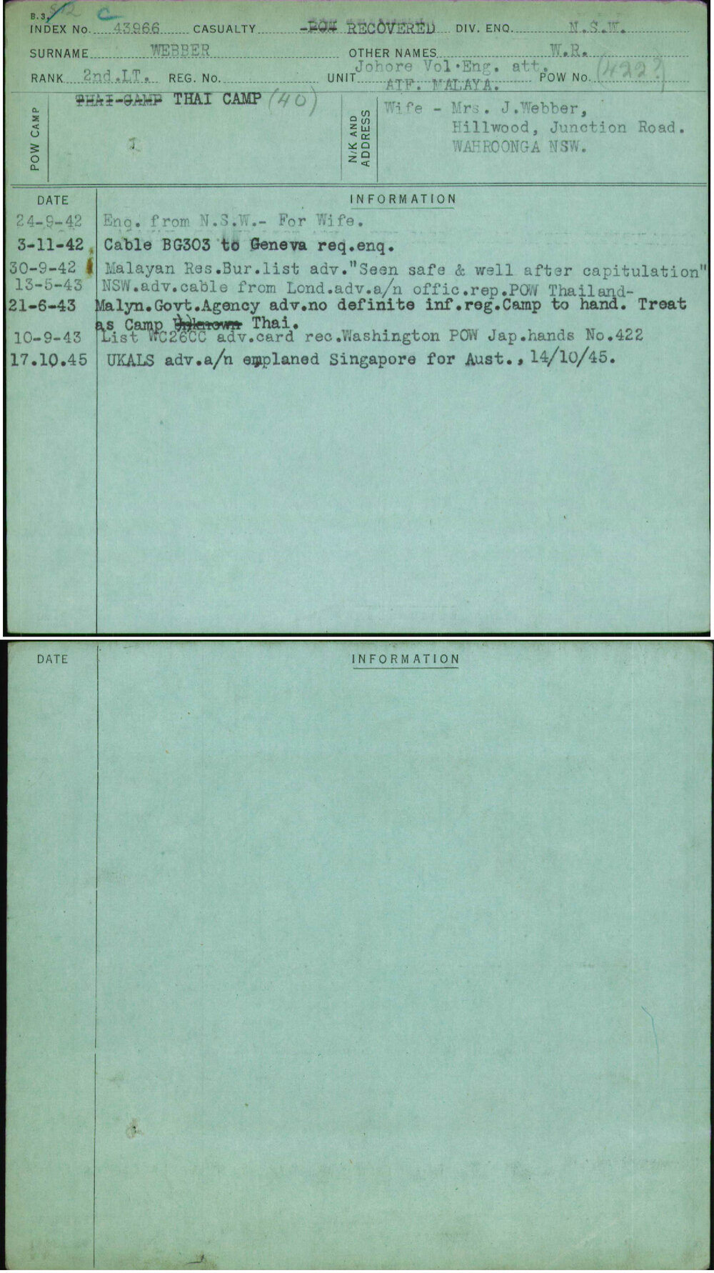 Webber, W R, [No Service Number]