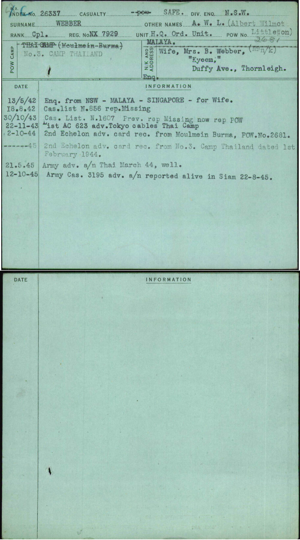 Webber, A W L (Albert Wilmot Littleton), NX7929