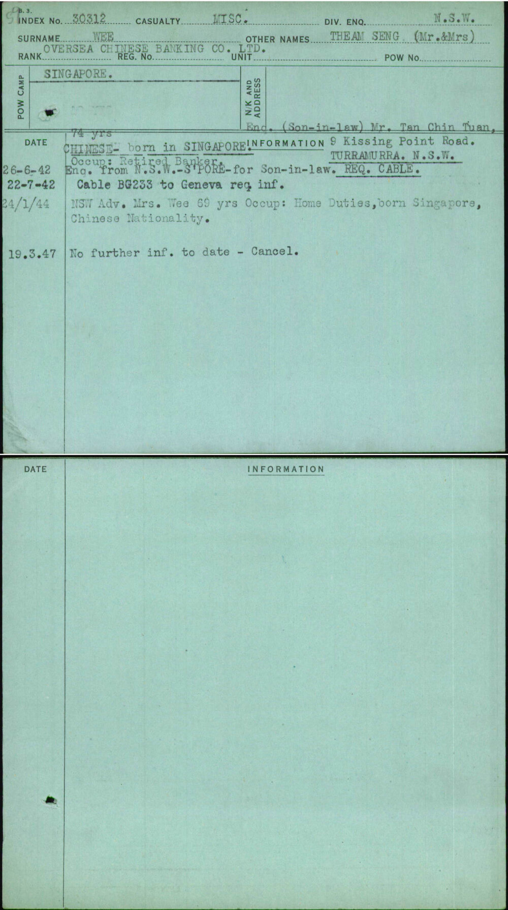 Wee, Theam Seng (Mr &amp; Mrs), [No Service Number]