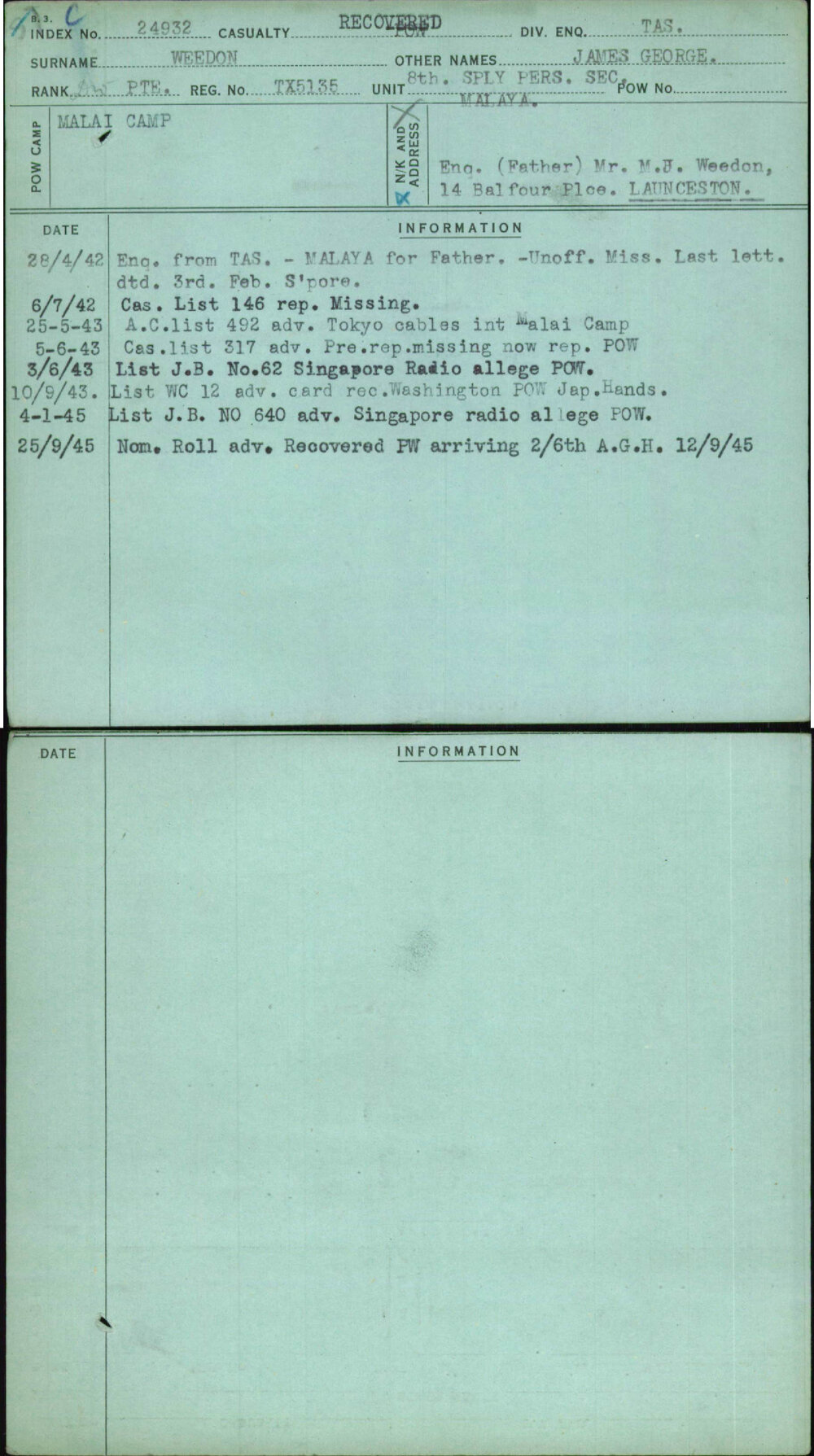 Weedon, James George, TX5135