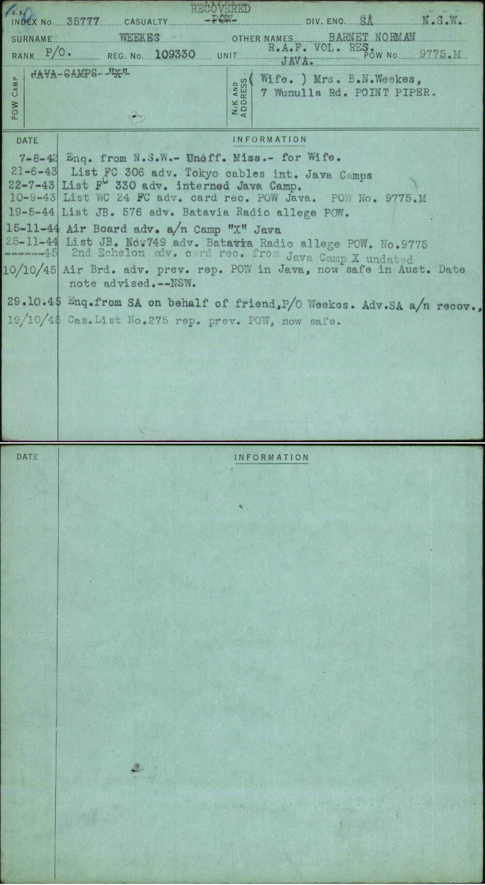 Weekes, Barnet Norman, 109330