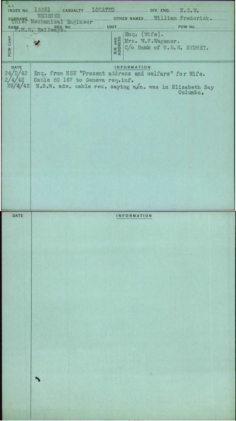 Wegener, William Frederick, [No Service Number]